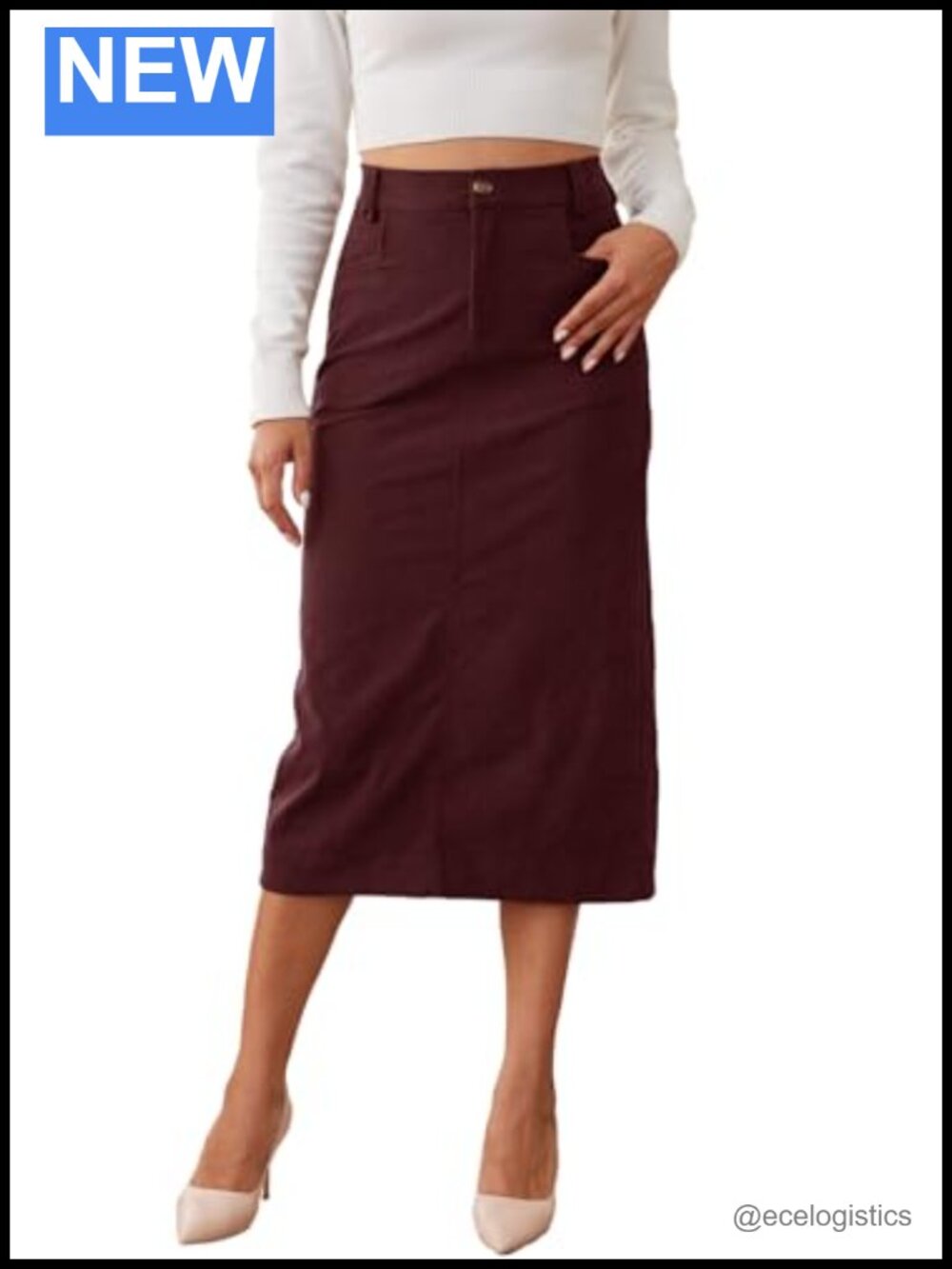 Women's Midi Corduroy Pencil Skirt High Waisted Elastic Back Slit Pockets